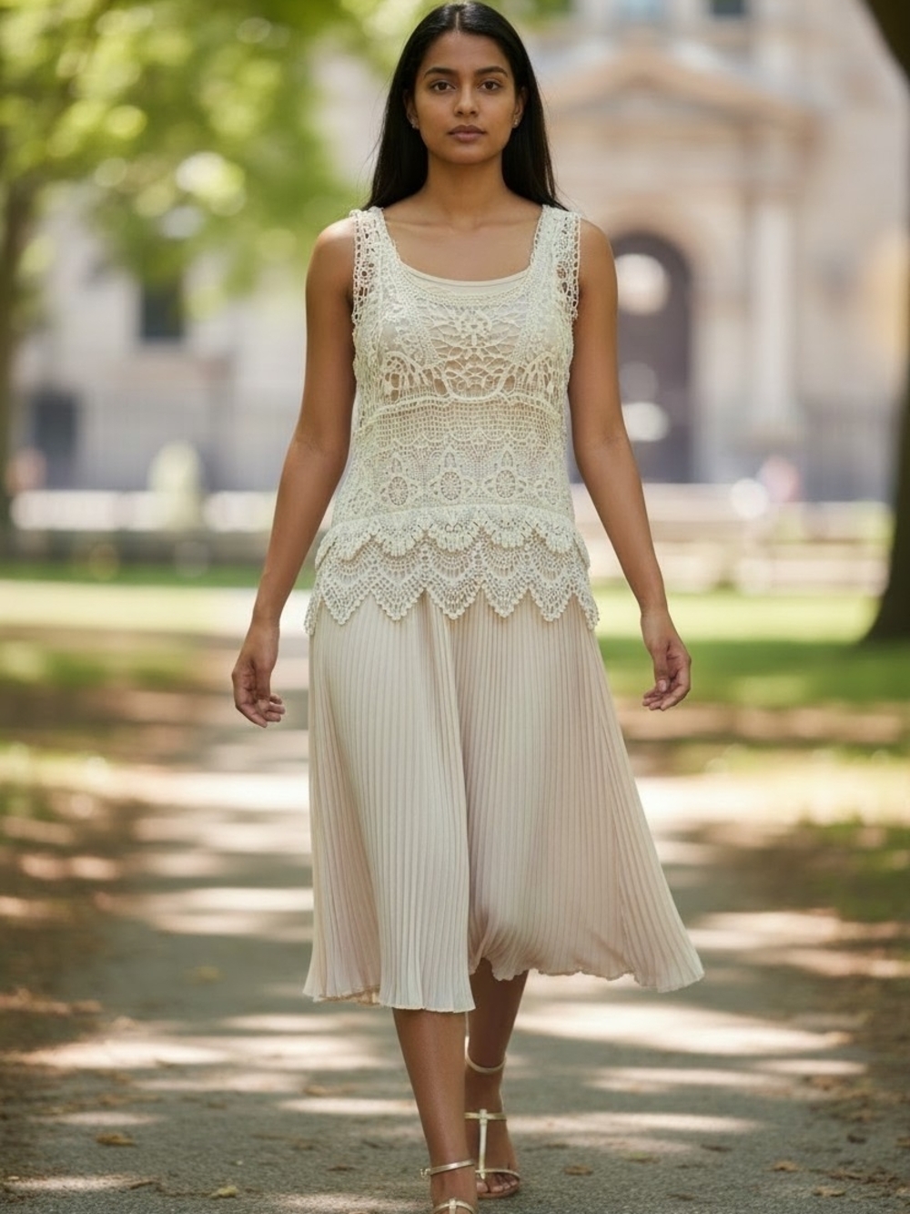 Willow & Clay Ivory Lace Pleated Midi Dress Boho Fairycore Cottagecore Large